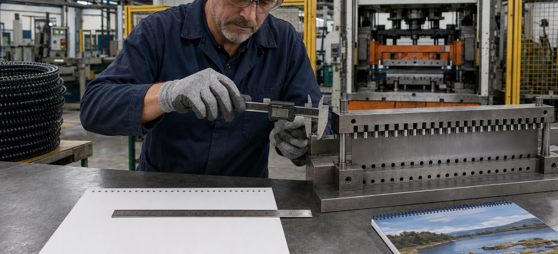 Industrial pitch measurement and punch die verification for calendar coil binding production runs Industrial pitch measurement and punch die verification for calendar coil binding production runs
